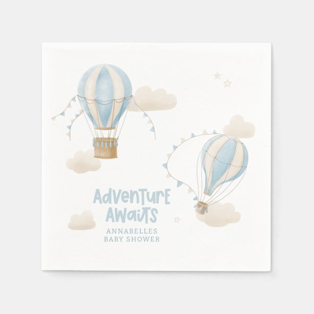 Baby Dusche Blue Heißluftballon Abenteuer erwartet Serviette (Vorderseite)