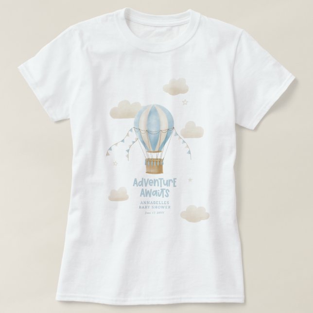 Baby Dusche Blue Heißluftballon Abenteuer erwartet T-Shirt (Design vorne)
