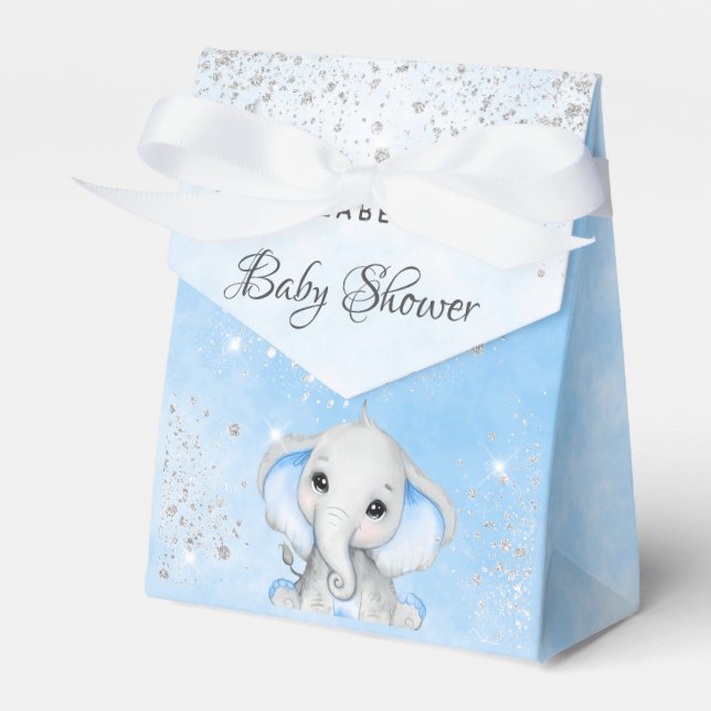 Baby Dusche Blue Junge niedlicher Elefant Glitzer Geschenkschachtel (Vorderseite)