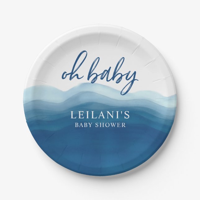 Baby Dusche Blue Watercolor Ombre Oh Baby Pappteller (Vorderseite)