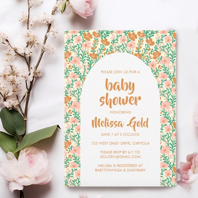 BABY DUSCHE Blumenbogen Rosa Blume Muster CUSTOM Einladung (Sweet floral baby shower custom invitation with an arch shape. Add your own text, change fonts)