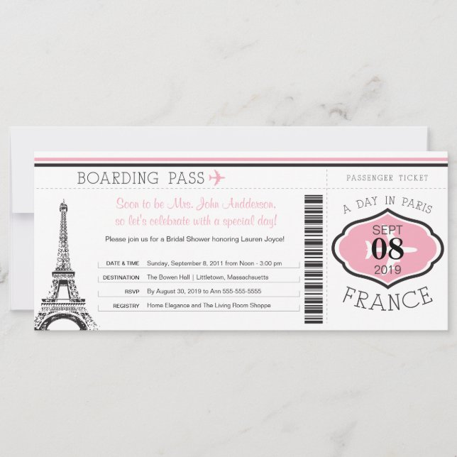Baby Dusche Boarding Pass auf Paris Einladung (Vorderseite)