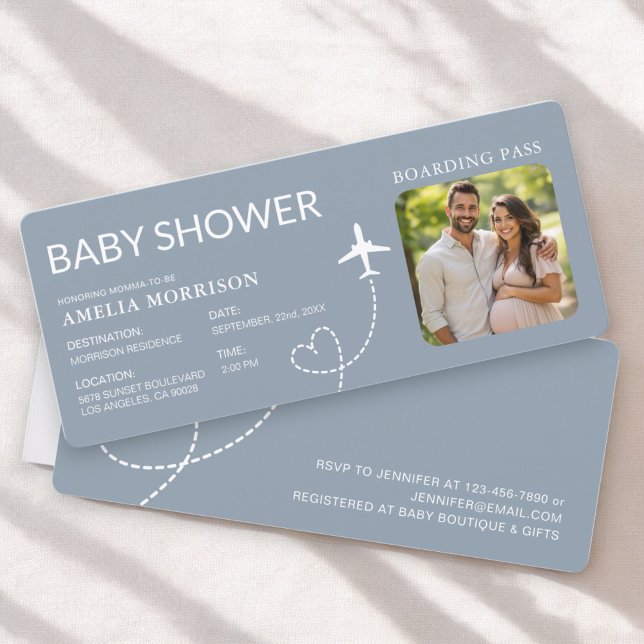 Baby Dusche Boarding Pass Flugzeug Dusty Blue Tick (Von Creator hochgeladen)