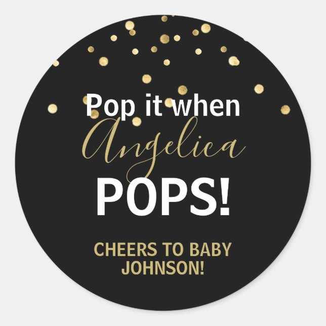 Baby Dusche Bubbly POP Champagne Black Gold Runder Aufkleber (Vorderseite)