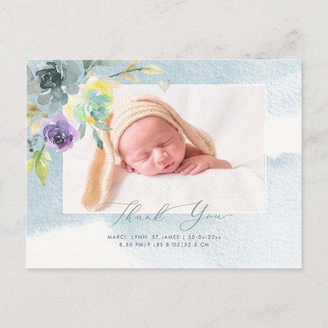 Baby Dusche Danke Watercolor Dusty Blue Peony Postkarte (Vorderseite)