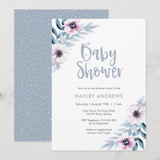 Baby Dusche Einladung blaue lila Blumen (Vorne/Hinten)