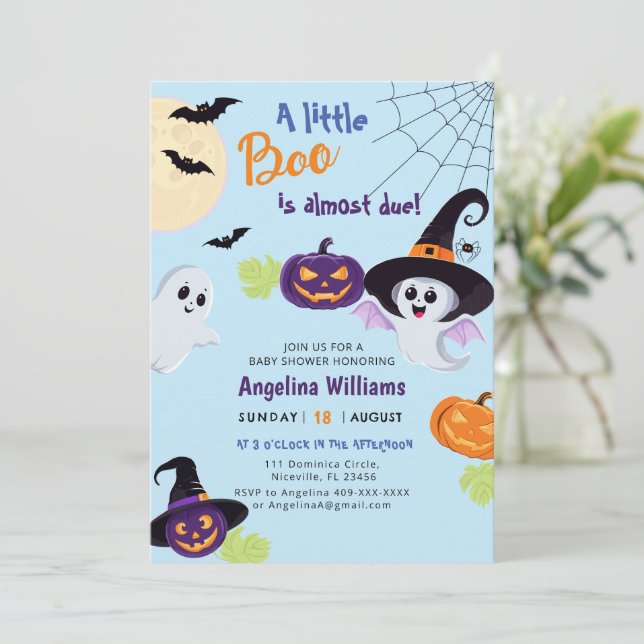 Baby Dusche Einladung für Little Boo Halloween. (Stehend Vorderseite)