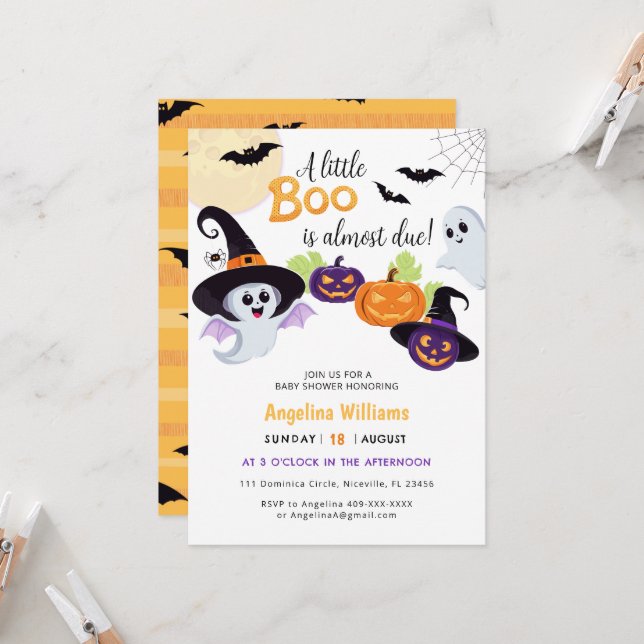 Baby Dusche Einladung für Little Boo Halloween. (Vorderseite/Rückseite Beispiel)