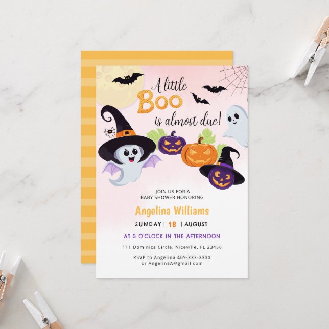 Baby Dusche Einladung für Little Boo Halloween. (Vorderseite/Rückseite Beispiel)