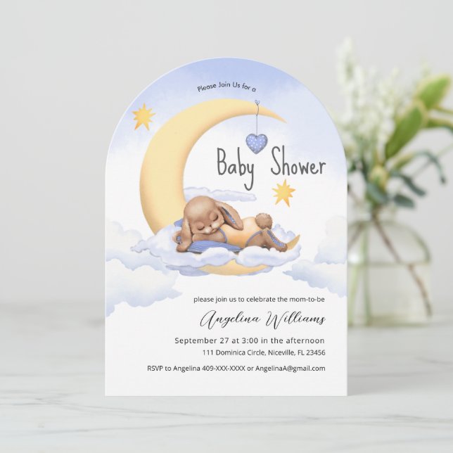 Baby Dusche Einladung mit einem bezaubernden Hasen (Stehend Vorderseite)
