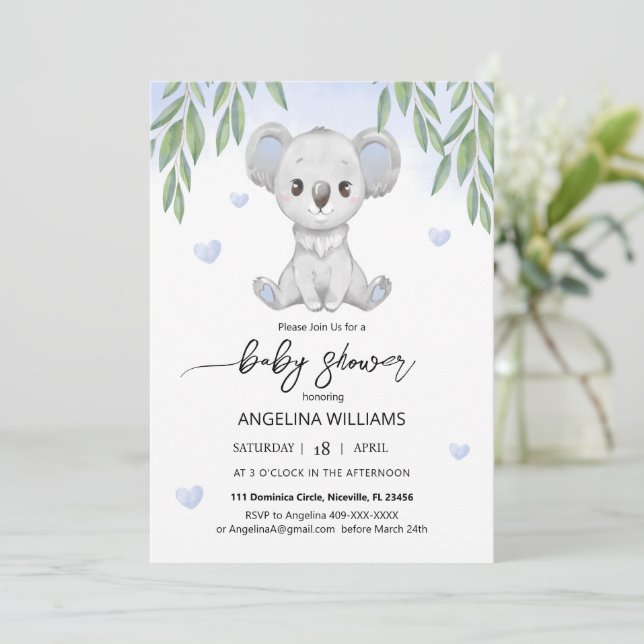 Baby Dusche Einladung mit einem niedlichen Koala. (Stehend Vorderseite)