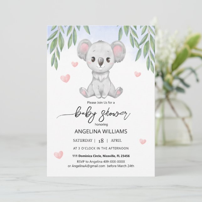 Baby Dusche Einladung mit einem niedlichen Koala. (Stehend Vorderseite)