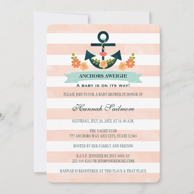Baby-Dusche für Korallen und Navy Nautical Anchor Einladung (Vorderseite)