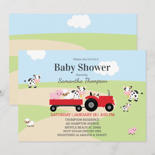 Baby-Dusche für Landtiere Red Traktor Boys Einladung (Vorne/Hinten)