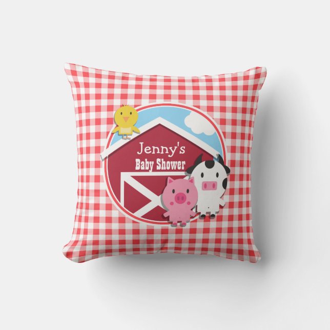Baby-Dusche für Landtiere; Rot & Weiß Gingham Kissen (Vorderseite)