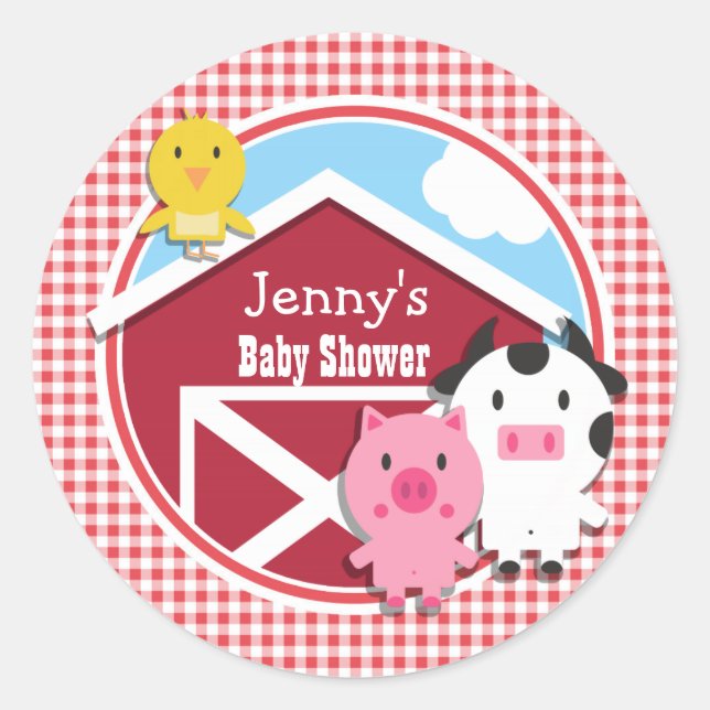 Baby-Dusche für Landtiere; Rot & Weiß Gingham Runder Aufkleber (Vorderseite)