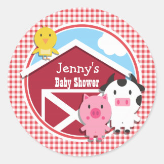 Baby-Dusche für Landtiere; Rot & Weiß Gingham Runder Aufkleber