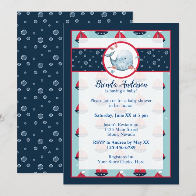Baby-Dusche für Navy Blue und Red Nautical Boy Einladung (Vorne/Hinten)