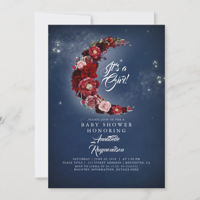 Baby-Dusche für Navy und Burgundy Floral Moon Einladung (Vorderseite)