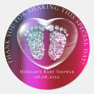 Baby Dusche Gefallen Dank Glitzer Heart Pink Feet Runder Aufkleber