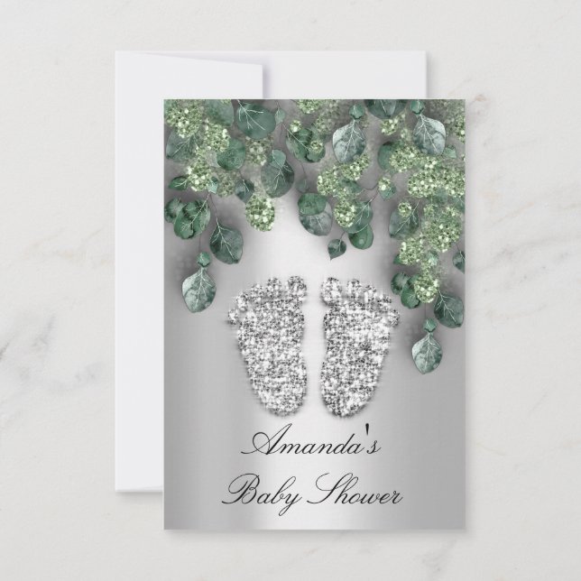 Baby Dusche Glitzer Feet Gray Eucalyptus Green VIP Einladung (Rückseite)