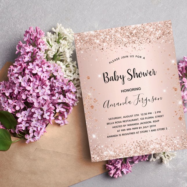 Baby Dusche Glitzer Rose Gold Metallmädchen Einladungspostkarte (Von Creator hochgeladen)