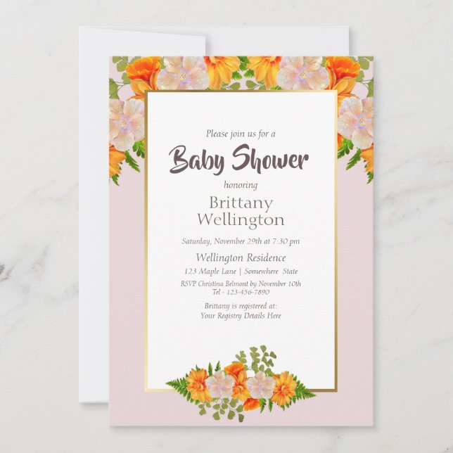 Baby Dusche Gold Blush Rosa Orange Blütenblüte Einladung (Vorderseite)