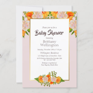 Baby Dusche Gold Blush Rosa Orange Blütenblüte Einladung