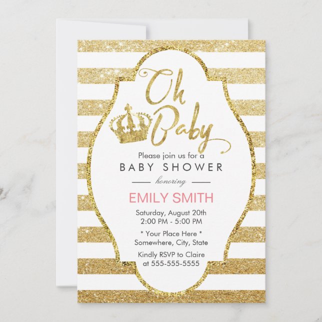 Baby Dusche Gold Crown Moderne Gold Glitzer Streif Einladung (Vorderseite)