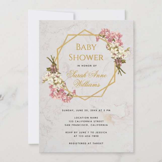 Baby Dusche Gold Pink Orchids Floral Geometric Einladung (Vorderseite)