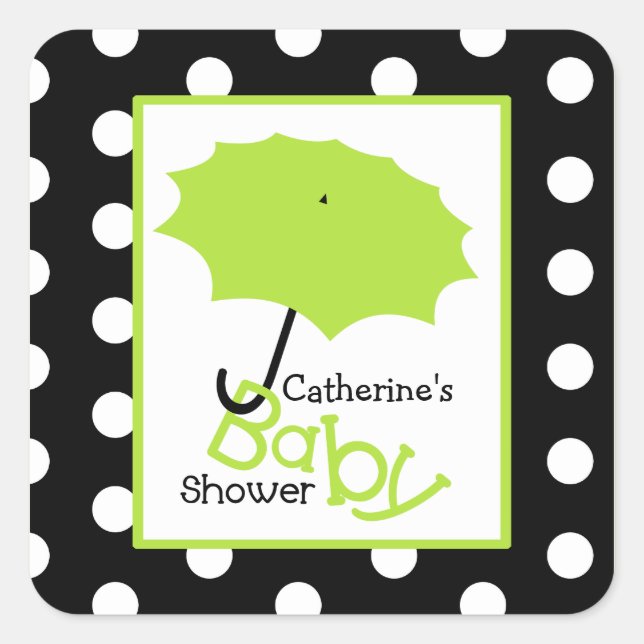 Baby Dusche Grüne Regenschirme & Polka Dots Quadratischer Aufkleber (Vorderseite)