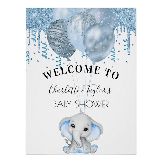 Baby Dusche hellblaue Elefantenjunge Ballons Poster (Vorderseite)