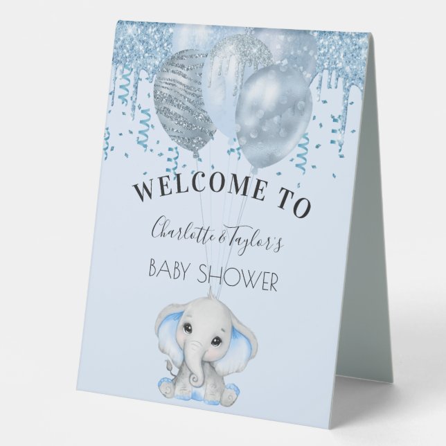 Baby Dusche hellblaue Elefantenjunge Ballons Tischaufsteller (Vorderseite)