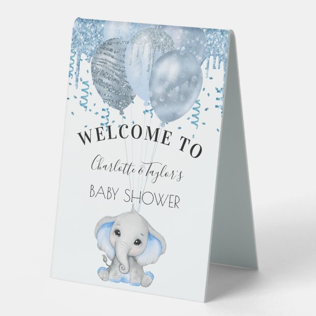 Baby Dusche hellblauer Elefantenjunge Ballons weiß Tischaufsteller (Vorderseite)