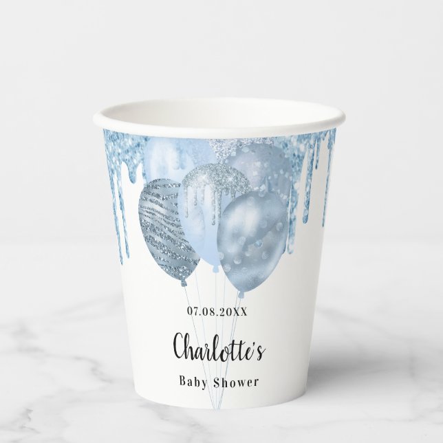 Baby Dusche hellblauer Glitzer Ballons weiß Pappbecher (Vorderseite)