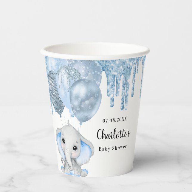 Baby Dusche hellblauer Glitzer Elefantenpapier Pappbecher (Vorderseite)