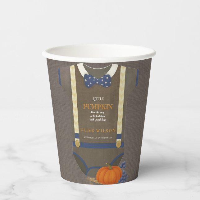 Baby Dusche Herbst blauer Bodysuit Pappbecher (Vorderseite)
