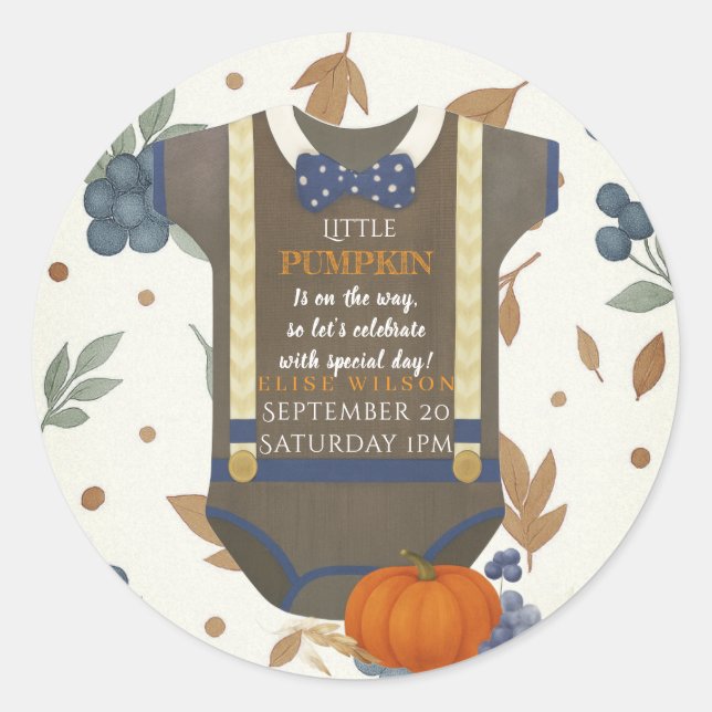 Baby Dusche Herbst blauer Bodysuit Runder Aufkleber (Vorderseite)