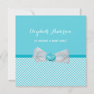 Baby Dusche Hübsch Aqua Gingham Niedlich Blue Bow Einladung