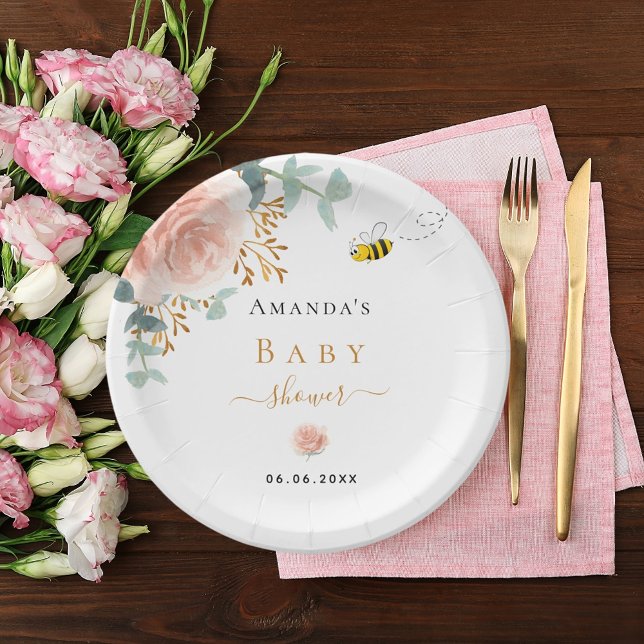 Baby Dusche Hummel Rosa Blumengrün Mädchen Pappteller (Von Creator hochgeladen)