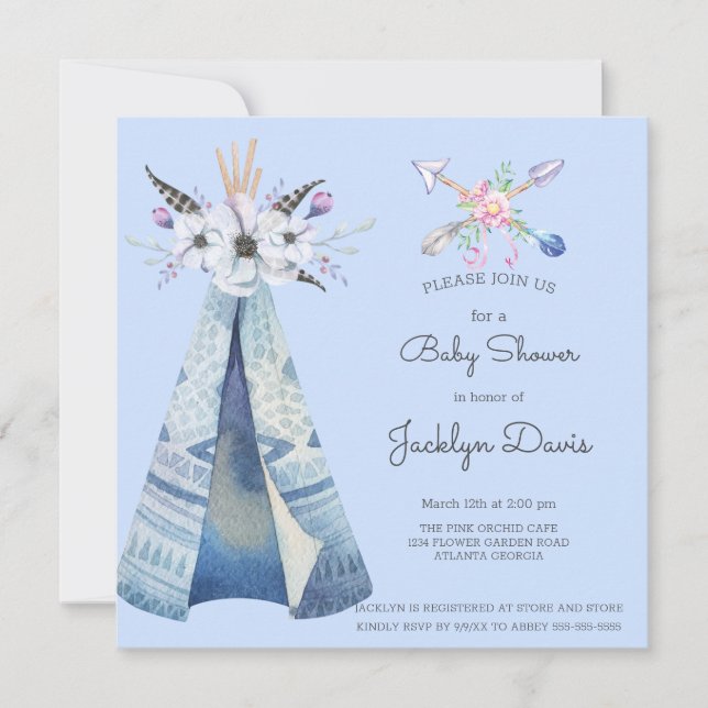Baby Dusche Indian Teepee Feathers Blume Blue Einladung (Vorderseite)