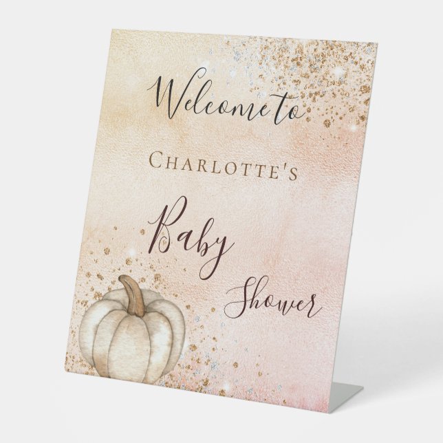 Baby Dusche Kürbis Rose Gold Glitzer Herbst willko Sockelschild (Vorderseite)