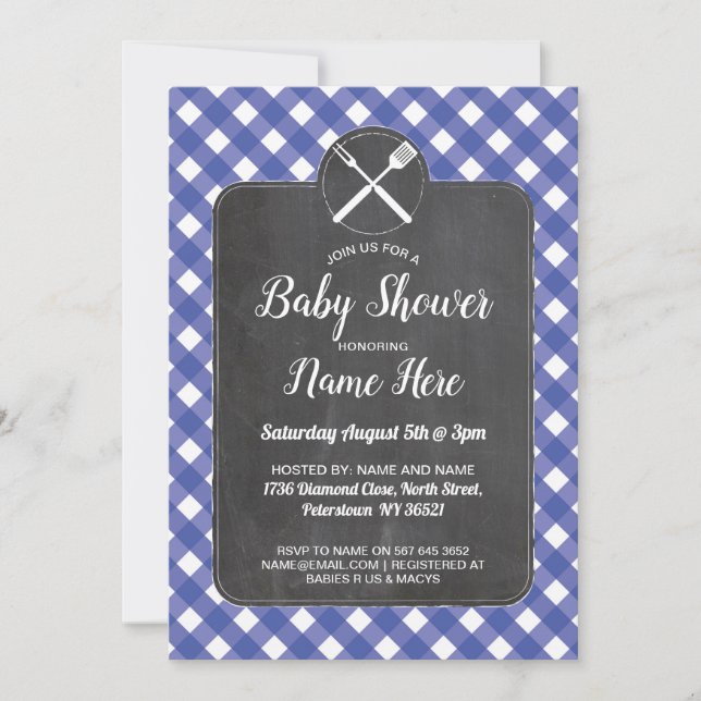 Baby-Dusche laden blaue Gingham-Kreide GRILLEN Art Einladung (Vorderseite)