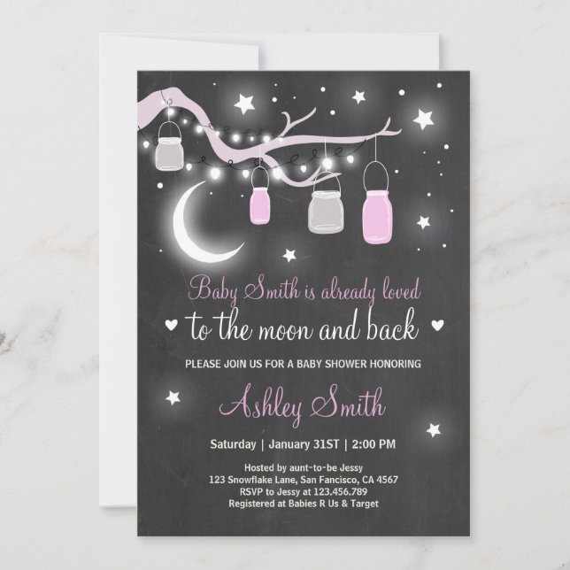 Baby Dusche Liebe Sie zum Mond Duschmädchen pink Einladung (Vorderseite)
