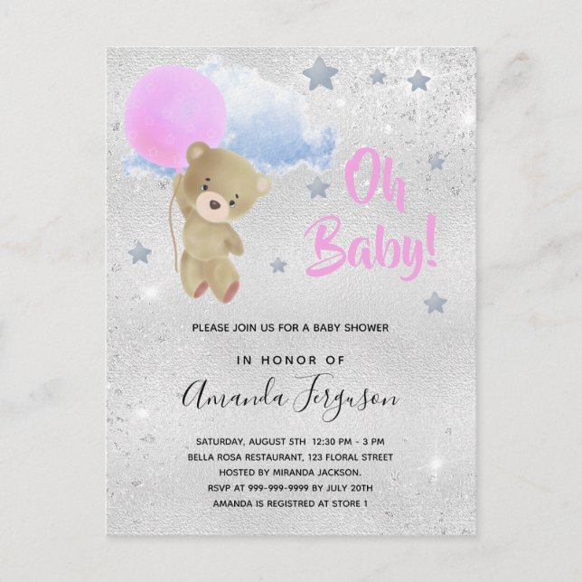 Baby Dusche Mädchen rosa Teddybär silber Einladungspostkarte (Vorderseite)