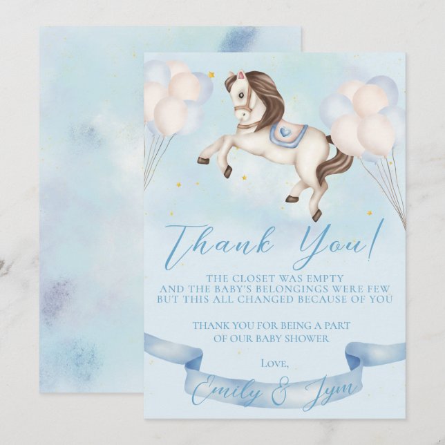 Baby Dusche Mairytale Pony Stars Blue Balloons Dankeskarte (Vorne/Hinten)