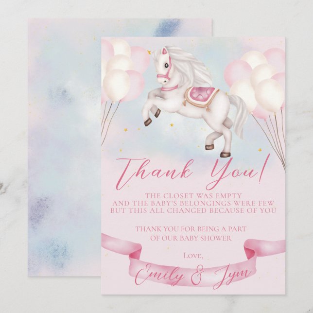 Baby Dusche Mairytale Pony Stars Pink Balloons Dankeskarte (Vorne/Hinten)