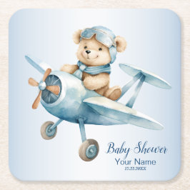 Baby Dusche Niedlich Baby Bear Pilot Blue Airplane Rechteckiger Pappuntersetzer