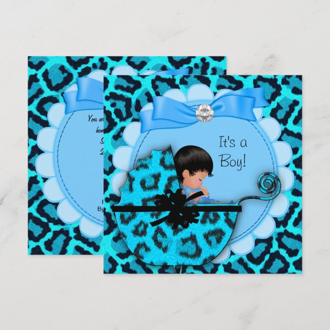 Baby Dusche Niedlich Baby Boy Blue Leopard Pram Einladung (Vorne/Hinten)