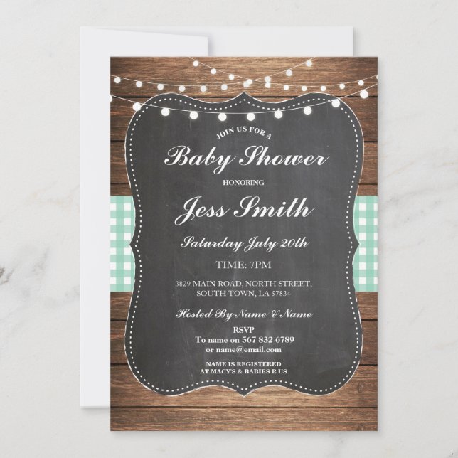 Baby Dusche Party Rustic Burlap Mint Wood Einladun Einladung (Vorderseite)